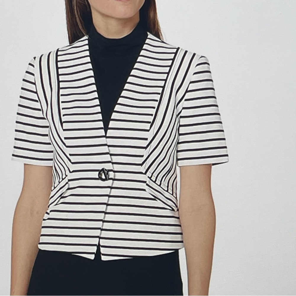 Nine West Short Sleeve Blazer - Black and White Striped